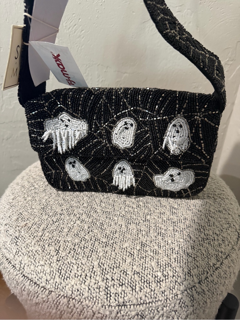 Beaded Ghost Pattern Shoulder Bag - Black